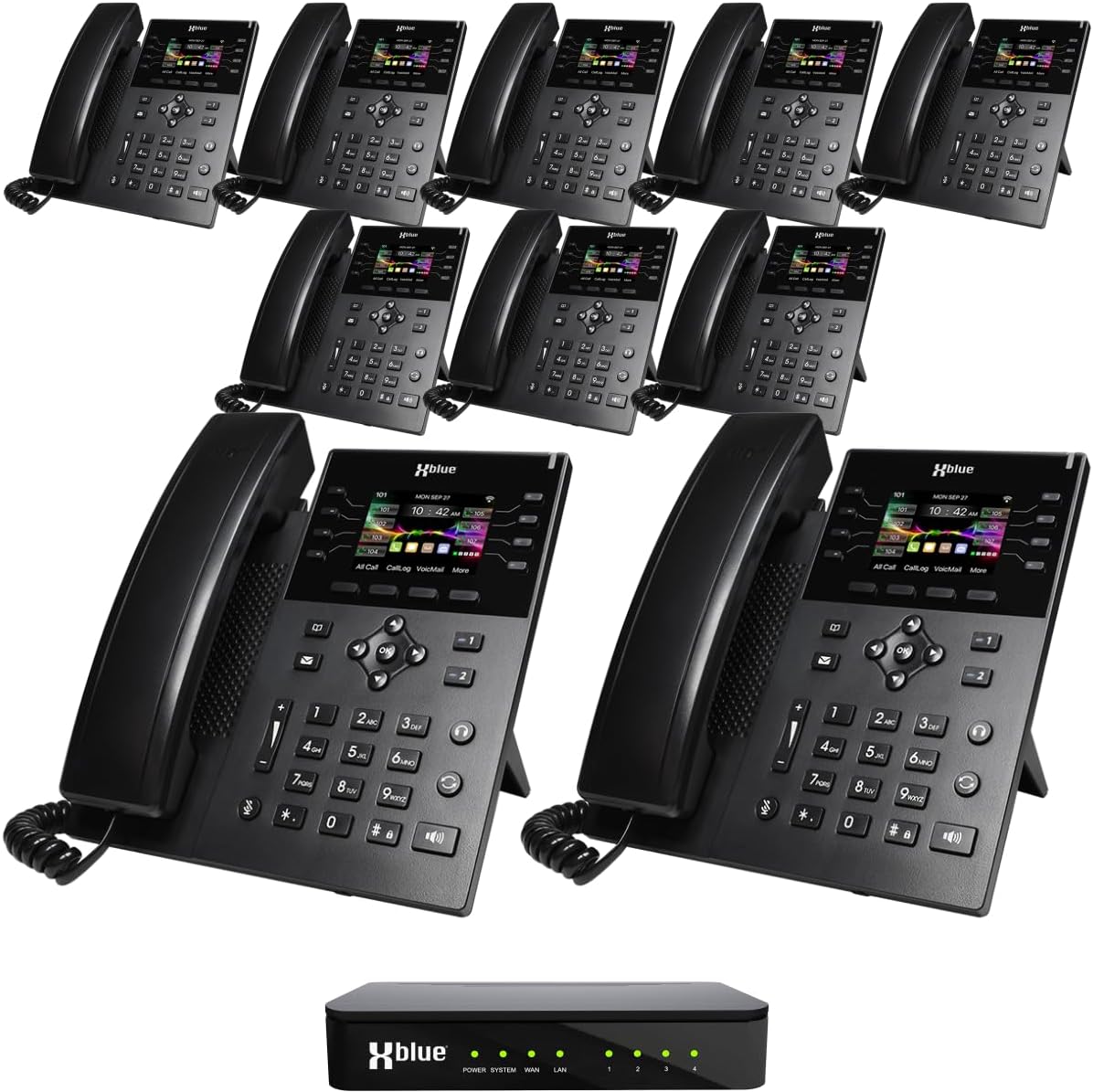 XBLUE QB1 Business Phone System with (12) IP9g Phones, (4) Line Ports - Includes Auto Attendant, Voicemail, Conference, Call Recording - Options for Remote Workers, iPhone & Android Smartphones