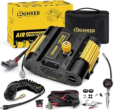 BUNKER INDUST 12V Twin Motor Air Compressor Offroad On-Board Air Pump Tire Inflator with Pressure Gauge Max 150 PSI for 4x4 Vehicle Tires