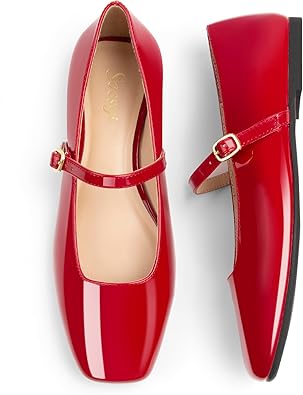 Soesyi Women's Mary Jane Ballet Flats Square Toe Ankle Strap Shoes for Women Adjustable Buckle Soft Dressy Party Wedding
