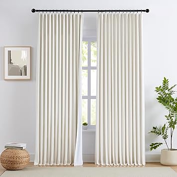 Natural Pinch Pleated Full Blackout Curtains with Linen Blended 100 Room Darkening Window Curtains 95 inches for Living Room Bedroom Noise Reducing Thermal Pleat Drapes with Hooks 2 Panel 40"Wx95"L