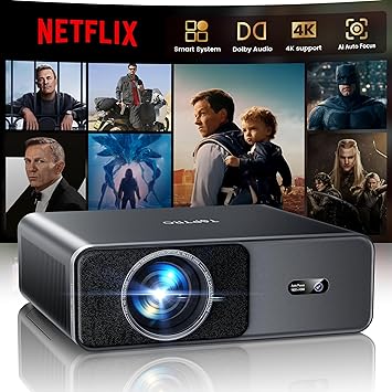 Smart Projector【Compatible with Netflix】4K Projector with WiFi 6 and 2-Way Bluetooth, AI Auto Focus & Keystone, 20W Dolby Audio,Built-in Apps,TOPTRO A1 Portable Proyector for Outdoor / Home Movie