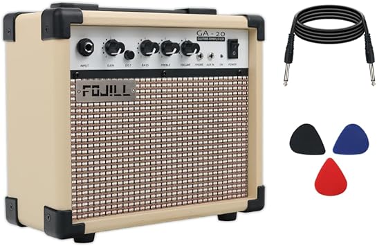 Fojill 20W Watt Electric Guitar Amplifier Amp Practice Small Portable Travel Mini Amp with 3.5 Headphone Jack Aux Distortion Gain Treble Bass Volume (Cream, 20W)
