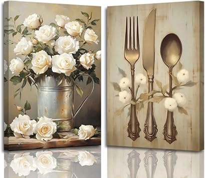 ZSHARTSWD Kitchen Wall Art 2 Piece Vintage Kitchenware Pictures Farmhouse Floral Tableware Canvas Print Rustic Flower Painting Dining Room Home Decor Framed (Brown, 11.00" x 14.00" x 2PCS)