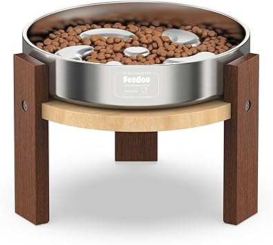 Elevated Dog Bowl Stand, 6'' Height Raised Stand for Medium Dogs, Includes 2Cups Stainless Steel Slow Feeder Dog Bowl, Durable Solid Hardwood