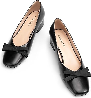 C.Paravano Women's Pumps | Luxury Leather Pumps | 1.5 Inch Chunky Block Heel & Square Toe | Fabric Bow