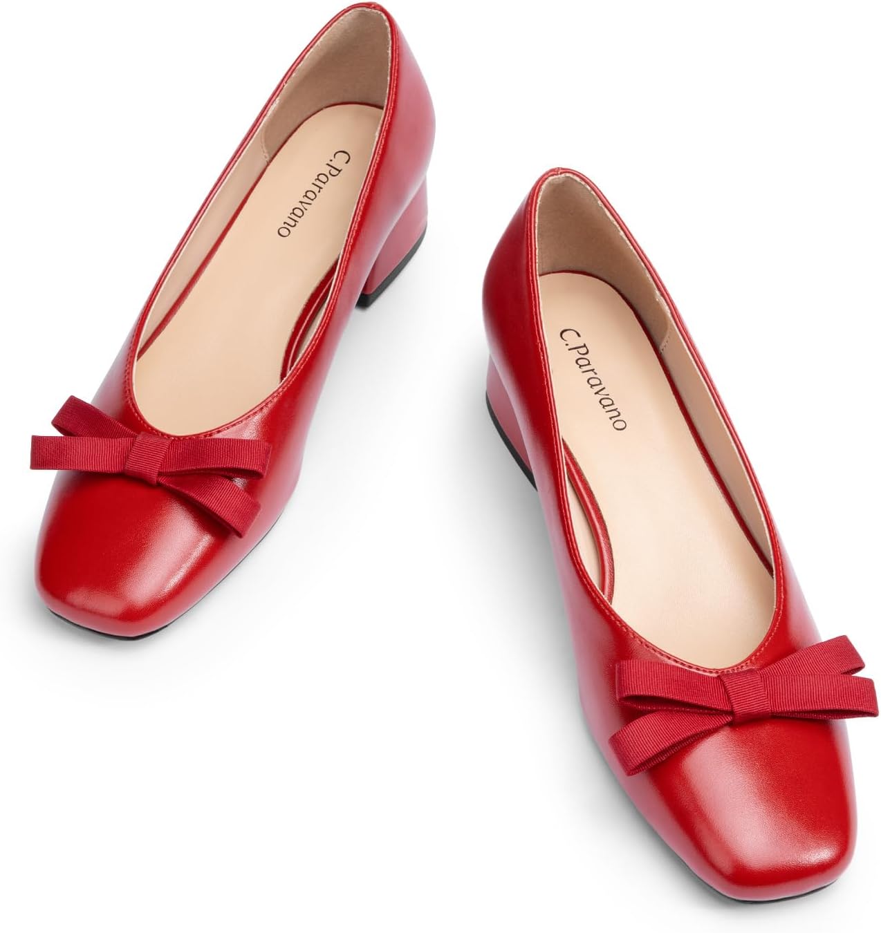 C.Paravano Women's Pumps | Luxury Leather Pumps | 1.5 Inch Chunky Block Heel & Square Toe | Fabric Bow