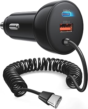Car Charger USB C Fast Charge, 90W 3-Port Cigarette Lighter USB Charger Type C Fast Car Phone Adapter Accessories with 4FT Coiled USB C Cable for iPhone 17 16 15 Pro Max Plus, iPad, MacBook, Galaxy