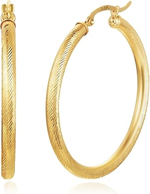 Solid 14K Diamond Cut Gold Hoop Earrings for Women | Hypoallergenic & Anti-Tarnishing Hoops with Click Tops | 14kt Real Gold Hoop Earrings in Sizes 25mm, 30mm and 37mm by MAX + STONE