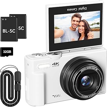 4K Digital Camera for Photography, 64MP Vlogging Camera for YouTube with 3" 180° Flip Screen, 18X Digital Zoom Point and Shoot Camara with 32GB Micro SD Card for Beginner (White)