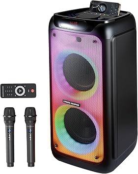 GKD80 Karaoke Machine for Adults with 2 Wireless UHF Microphone, 600W Peak Bluetooth Speaker with Dual 8'' Subwoofers, Portable Party Speaker with RC/Wheels for Singing/Outdoor Events/Speaking