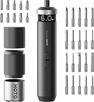 HOTO PixelDrive Electric Screwdriver, Smart Display, 6 Torque Settings, 0.5 to 6 N·m, 1/4'' Hex 30 Bits, LED Light, 2000 mAh Rechargeable Cordless Screwdriver Set for Electronics, Gadgets for Men