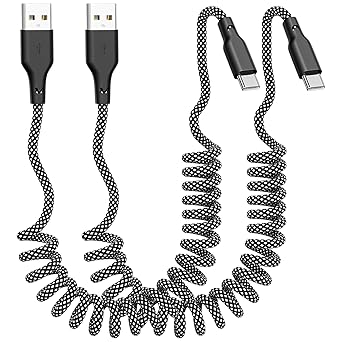 Coiled Carplay Car Charger Fast Charging, [2-Pack, 3ft] Retractable Braid USB A to USB C Cable for iPhone 17/17 Air/16/15/Plus/Pro Max/MacBook Pro/Samsung Galaxy S10/Android Devices, USB C Cord, Grey