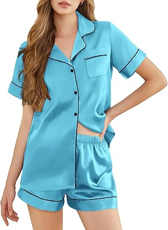 Silk Pajamas for Women Short Sleeve Sleepwear Soft Button Down Loungewear 2 Piece Satin Pjs Shorts Set S-XXL