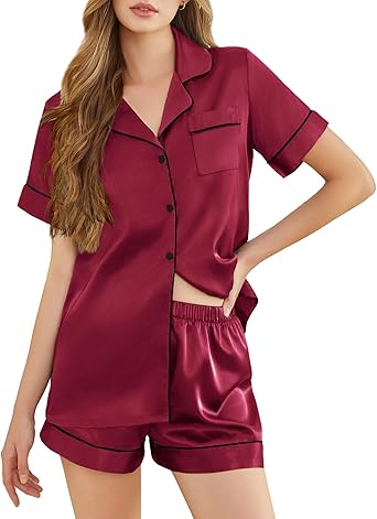 Silk Pajamas for Women Short Sleeve Sleepwear Soft Button Down Loungewear 2 Piece Satin Pjs Shorts Set S-XXL