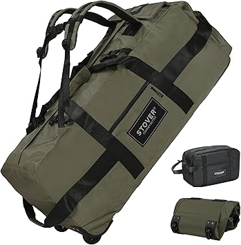 STOVER 45/80/100L Rolling Duffel Bag with Wheels, X-Large Durable Travel Duffle + Toiletry Bag, Heavy Duty, Packable with Shoulder Straps- Use as Luggage or Backpack, Men/Women (Green)