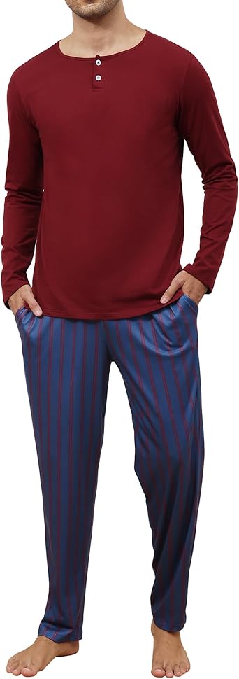 Mens Pajamas Set Cotton Long Sleeve Top & Stripes Pants Men's Sleepwear Soft Comfy Loungewear Set with Pockets