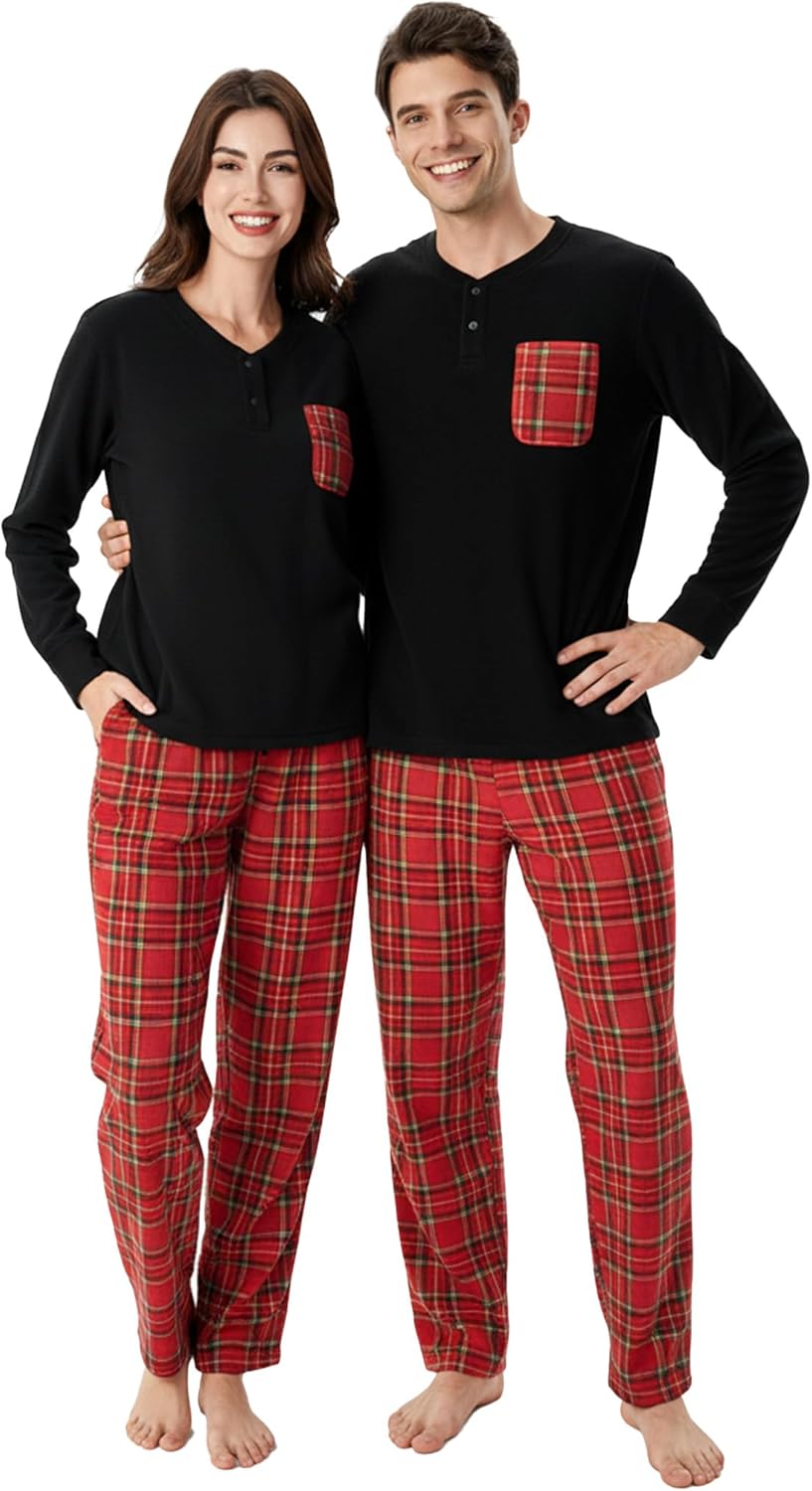 DAVID ARCHY Cozy Christmas Pajamas for Couples Ultra Soft Warm Fleece Winter Pjs Sets Men Women Plaid Loungewear with Pockets
