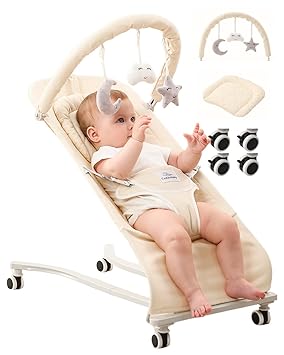 Cuddobaby Baby Bouncer on Wheels |100% Cotton, Head Support Cushion| Soft Plushies, 3-Level Adjustable Bouncer Seat for Babies 0-12 Months, Bouncy Chair up to 20Lbs, Baby Shower - Oat