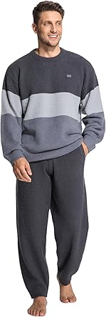 SlumberMee Mens Fleece Plush Pajama Set Ultra Soft Fluffy Warm Pjs Long Sleeve Top & Bottom Knit Winter Sleepwear