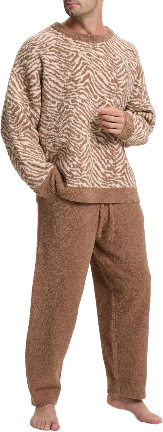 SlumberMee Mens Fleece Plush Pajama Set Ultra Soft Fluffy Warm Pjs Long Sleeve Top & Bottom Knit Winter Sleepwear