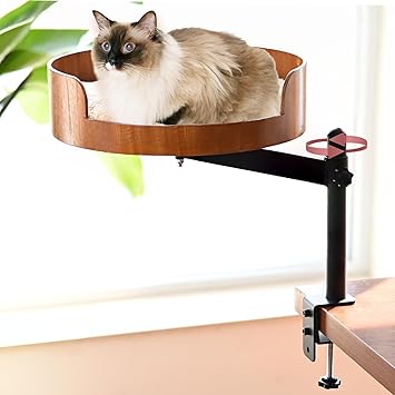Cat Desk Bed - 360° Rotating & Adjustable Wooden Perch with Washable Pet Mat, Space-Saving Hammock for Home Office/Computer Desks (Wood)
