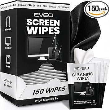 EVEO Screen Wipes (150 Pack) - Electronic Wipes, Computer Screen Cleaner Wipes for Electronics | Computer Screen Wipes Phone Wipes & Lens Wipes for PC, Laptop, Phone, Car & More - Microfiber Included