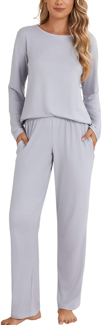 PNAEONG Womens Pajama Sets Long Sleeve Top With Pants Lounge Sets Soft Sleepwear Comfy Pjs With Pockets