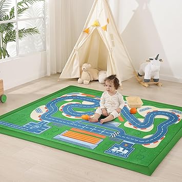 1.3" Thick Baby Floor Play Mat 79x158, Basic Padded Memory Foam Kids Mat, Extra Large Non-Slip Plush Playmat for Nursery Playroom Classroom (Race Track)