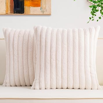 Aegero Pack of 2 Faux Fur Christmas Throw Pillow Covers 18x18 Inch, Soft Plush Striped Neutral Couch Pillow Cover, with Velvet Back Modern Home Decor for Sofa Living Room Couch Bed Cream White