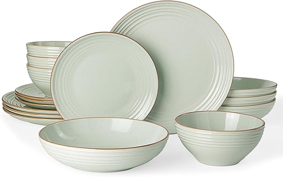 Famiware Jupiter 16-Piece Stoneware Dinnerware Set for 4 - Includes Pasta Bowl & Dinner Plate, Handcrafted Dishes with Speckles & Embossed Swirls, Chip & Scratch Resistant, Daily & Formal Use, Green
