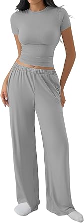 Women’s Pajama Set – Soft Loungewear Short Sleeve Top & Wide Leg Pants, Elastic Waist Drawstring Viscose Comfort