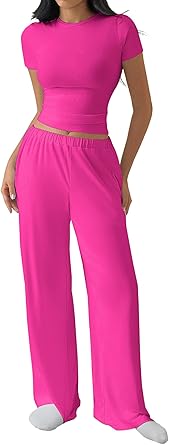 Women’s Pajama Set – Soft Loungewear Short Sleeve Top & Wide Leg Pants, Elastic Waist Drawstring Viscose Comfort Rose