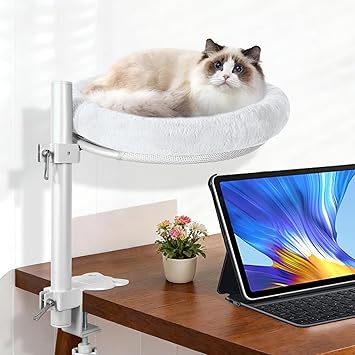 Cat Desk Bed,Steel Cat Bed for Desk,Up and Down Available,360° Rotating, Shelf Height Adjustable, Desktop Attachment Cats Nest Perch Hammock for Office Game Tables, Supports 40lb (White)