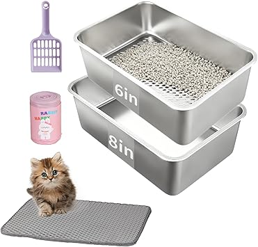 XL Stainless Steel Cat Sifting Litter Box 23.6“x15.7"x6" - Metal High Sided Open Top Litterbox Odor Control Non-Clumping with Scoop Litter Mat Trash Bag, Anti-Leakage, Less Tracking, Easy Cleaning