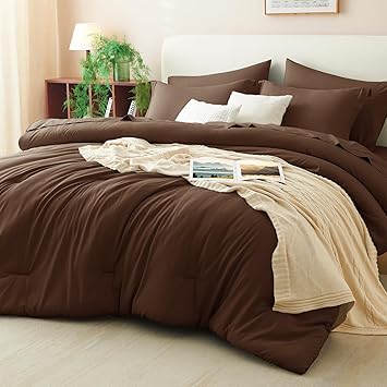 CozyLux King Size Comforter Set Brown, 7 Pieces Bed in a Bag King Comforter Set with Sheets, Luxury Soft Bedding Sets with Down Alternative Comforter, Fitted Sheet, Flat Sheet, Pillowcases & Shams