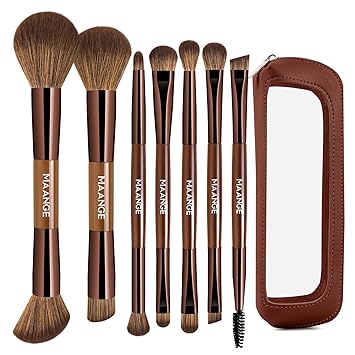 MAANGE 7 PCS Foundation Makeup Brush Set With Bag, Make up Brushes, Eyeshadow Concealer Brush, Double-ended Foundation Contour Powder Blush, Professional Face brush Set Tools For Liquid,Cream (Brown)
