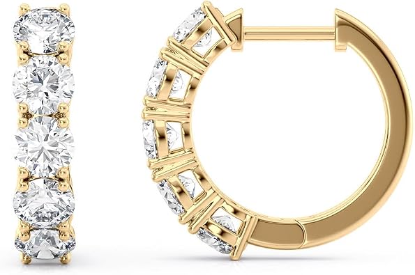 Privosa - Lab Grown Diamond Hoop Earrings in 14K Gold | 1-4 Carat. E-F color, VS1 clarity, Round Brilliant, 5-Stone Hoop. 14K White or Yellow Gold. Made in USA
