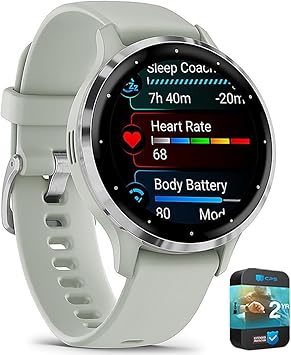 Garmin Venu 3S (Refurbished) Silver Stainless Steel Bezel 1.2-Inch AMOLED Smartwatch with 41mm Sage Gray Case w/Band (Renewed), 010-N2785-01 - Bundle w/Deco Essentials 2-Year CPS Plan