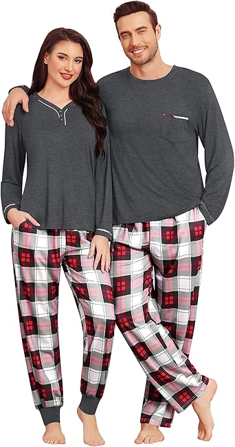 SWOMOG Couples Pajama Set Long Sleeve and Plaid Pants with Pockets Pjs Soft Sleepwear Lounge Set