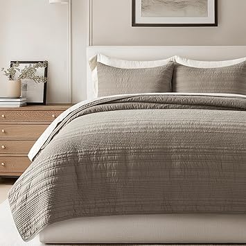 EVERGRACEHOME 100% Cotton Modern Lines Quilt Set King Size, Pre-Washed Soft Striped Coverlet Bedspread, 3 Piece Lightweight Bedding Set for All Season, with 2 Pillow Shams, Stone Taupe