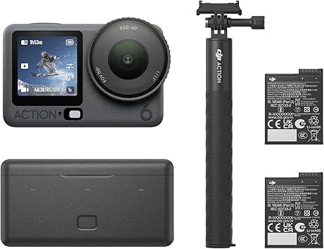 DJI Osmo Action 6 Enhanced Combo, 8K Waterproof Action Camera with 1/1.1" Square Sensor, Variable Aperture of f/2.0–f/4.0, Extended Battery Life with 2 Batteries, 1.5m Extension Rod, Battery Case