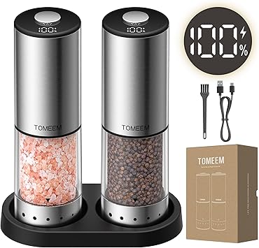 TOMEEM Rechargeable Electric Salt and Pepper Grinder Set, 115ml Large Capacity Stainless Steel Automatic Pepper Mill with Storage Base, LED Display and Light, 5 Adjustable Grind Settings
