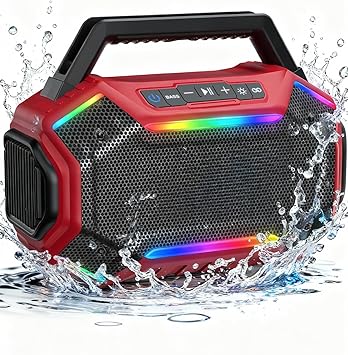 Qozybuds Bluetooth 6.0 Speaker, 80W(Peak) Loud Speaker with Bass, 30H Working Time, IPX6 Waterproof Large Jobsite Speakers with TWS, RGB Lights for Work, Outdoor, Workshop, Garage (Red)