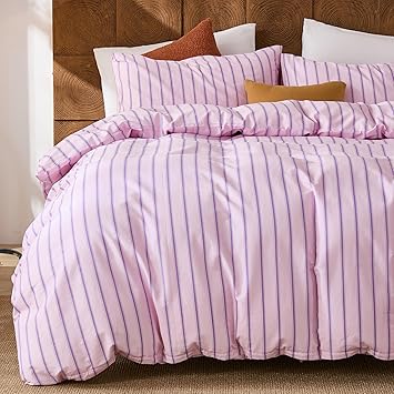 Merryword 100% Cotton Duvet Cover Set Queen Size - Pink & Purple Striped Bedding Set with Zipper & Corner Ties, 3-Piece Luxury & Silky Soft Bedding Set for All Seasons