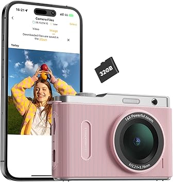 Digital Camera for Kids with Switching Dual Lens, 64MP 4K Point and Shoot Camera with 32GB Card, WiFi, 16X Zoom, Anti Shake, Portable Compact Cameras for Teens Girl Boy Kids Starter Pink