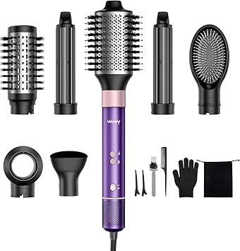Vincofy 7-in-1 Hair Dryer Brush and Hair Styler Set – Fast Drying, Curling, Straightening & Volumizing – Hot Air Styling Tool with No Heat Damage – for All Hair Types – Purple