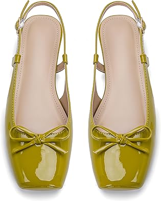 Women's Ballet Flats Slingbacks Square Toe Bow Knit Dressy Flat Shoes with Ankle Buckles Satin