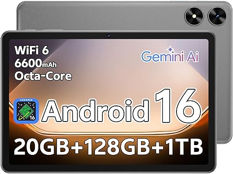 Android 16 Tablet 10.1 inch Tablet with Octa-Core Processor, 20GB RAM 128GB ROM 1 TB Expandable, 1280x800 HD IPS Touch Screen, GPS, 8H Battery, WiFi 6, BT 5.2, Dual Camera (Gray)