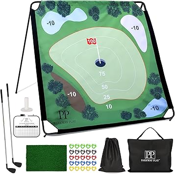 Parkway Play Sticky Golf Chipping Game Set 6x6 ft Metal Frame, Backyard Target Game, 2 Clubs, 25 Sticky Balls, Turf Mat, Indoor Outdoor Yard Sport, Golf Practice Set, Chipping Training Aid