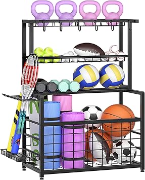 HOOBRO Sports Equipment Garage Organizer, Ball Storage Rack with Basket, Heavy Duty Ball Holder with Hooks, for Outdoor, Garage, Club, Basement, Black BK80JJ01